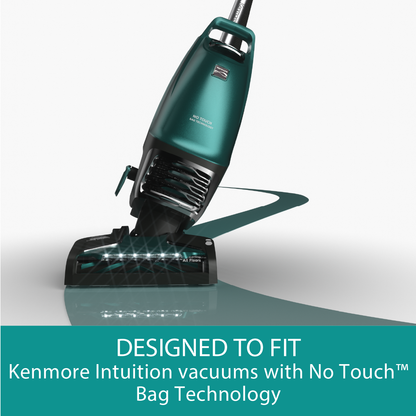 Green Kenmore vacuum cleaner on a white background with text about No Touch Bag Technology.