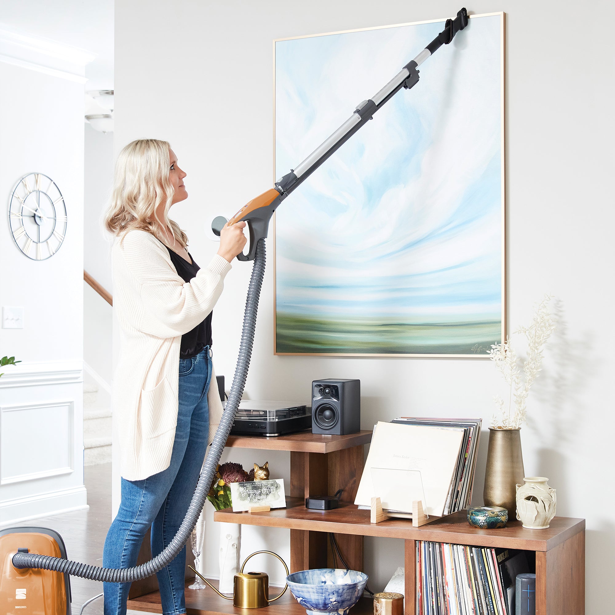 Person using a canister vacuum cleaner to clean a large wall art piece in a room.